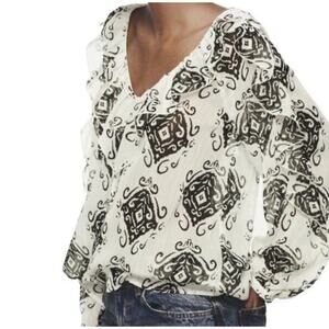 Zara‎ Size XS Black White Printed Semi Sheer Blouse Ruffle New With Tags